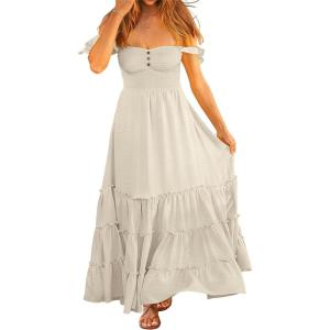 image:imageANRABESS Womens Summer Casual Off The Shoulder Maxi Long Dress 2026 Smocked Ruffle Strap Backless Flowy Tiered Beach SundressLight Yellow