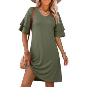 image:imageANRABESS Womens Summer Dresses 2026 Ruffle Sleeve V Neck Casual A Line Tshirt Mini Dress Beach Vacation Clothes with PocketsArmy Green