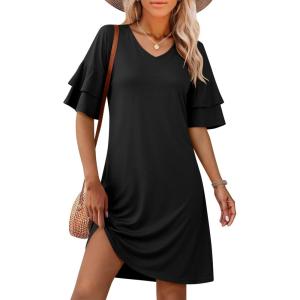 image:imageANRABESS Womens Summer Dresses 2026 Ruffle Sleeve V Neck Casual A Line Tshirt Mini Dress Beach Vacation Clothes with PocketsBlack