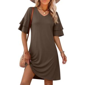 image:imageANRABESS Womens Summer Dresses 2026 Ruffle Sleeve V Neck Casual A Line Tshirt Mini Dress Beach Vacation Clothes with PocketsCoffee