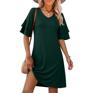image:imageANRABESS Womens Summer Dresses 2026 Ruffle Sleeve V Neck Casual A Line Tshirt Mini Dress Beach Vacation Clothes with PocketsDeep Green
