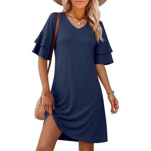 image:imageANRABESS Womens Summer Dresses 2026 Ruffle Sleeve V Neck Casual A Line Tshirt Mini Dress Beach Vacation Clothes with PocketsNavy Blue