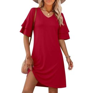 image:imageANRABESS Womens Summer Dresses 2026 Ruffle Sleeve V Neck Casual A Line Tshirt Mini Dress Beach Vacation Clothes with PocketsRed