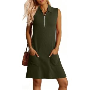 image:imageANRABESS Womens Summer Dresses Casual Sleeveless Ribbed Half Zip Polo Collar Tshirt Dress 2026 Spring Tunics Short SundressArmy Green