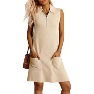 image:imageANRABESS Womens Summer Dresses Casual Sleeveless Ribbed Half Zip Polo Collar Tshirt Dress 2026 Spring Tunics Short SundressBeige