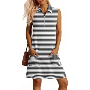 image:imageANRABESS Womens Summer Dresses Casual Sleeveless Ribbed Half Zip Polo Collar Tshirt Dress 2026 Spring Tunics Short SundressBlack White Stripe