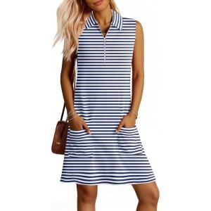 image:imageANRABESS Womens Summer Dresses Casual Sleeveless Ribbed Half Zip Polo Collar Tshirt Dress 2026 Spring Tunics Short SundressBlue White Stripe