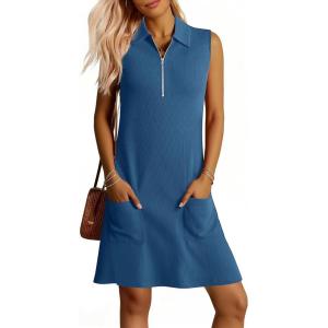 image:imageANRABESS Womens Summer Dresses Casual Sleeveless Ribbed Half Zip Polo Collar Tshirt Dress 2026 Spring Tunics Short SundressDark Blue Teal