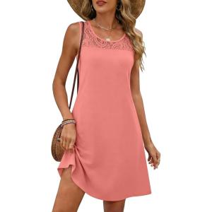 image:imageANRABESS Womens Summer Dresses Lace Crew Neck Sleeveless Sundress 2026 Mini Tank Dress Boho Beach Cover Ups with PocketsCoral