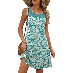 image:imageANRABESS Womens Summer Dresses Lace Crew Neck Sleeveless Sundress 2026 Mini Tank Dress Boho Beach Cover Ups with PocketsFloral Green