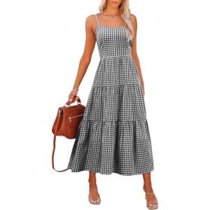image:imageANRABESS Womens Summer Midi Dresses Casual Striped Plaid Sleeveless Flowy Maxi Dress 2026 Beach Vacation SundressBlack White Plaid