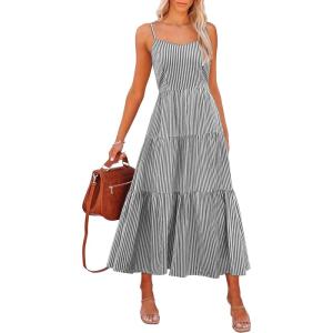 image:imageANRABESS Womens Summer Midi Dresses Casual Striped Plaid Sleeveless Flowy Maxi Dress 2026 Beach Vacation SundressBlack White Stripe