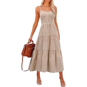 image:imageANRABESS Womens Summer Midi Dresses Casual Striped Plaid Sleeveless Flowy Maxi Dress 2026 Beach Vacation SundressBrown White Plaid