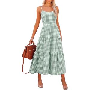image:imageANRABESS Womens Summer Midi Dresses Casual Striped Plaid Sleeveless Flowy Maxi Dress 2026 Beach Vacation SundressGreen White Plaid