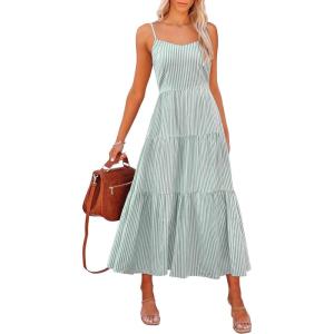 image:imageANRABESS Womens Summer Midi Dresses Casual Striped Plaid Sleeveless Flowy Maxi Dress 2026 Beach Vacation SundressGreen White Stripe