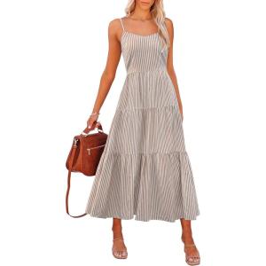 image:imageANRABESS Womens Summer Midi Dresses Casual Striped Plaid Sleeveless Flowy Maxi Dress 2026 Beach Vacation SundressLight Brown White Stripe