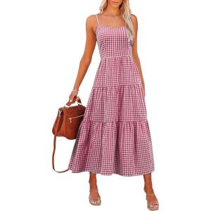 image:imageANRABESS Womens Summer Midi Dresses Casual Striped Plaid Sleeveless Flowy Maxi Dress 2026 Beach Vacation SundressRed White Plaid
