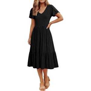 image:imageANRABESS Womens Summer Midi Dresses Casual V Neck Short Sleeve A Line Floral Flowy Tiered Beach Vacation Dress with PocketsBlack