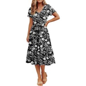 image:imageANRABESS Womens Summer Midi Dresses Casual V Neck Short Sleeve A Line Floral Flowy Tiered Beach Vacation Dress with PocketsBlack Floral