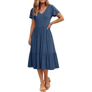 image:imageANRABESS Womens Summer Midi Dresses Casual V Neck Short Sleeve A Line Floral Flowy Tiered Beach Vacation Dress with PocketsBlue