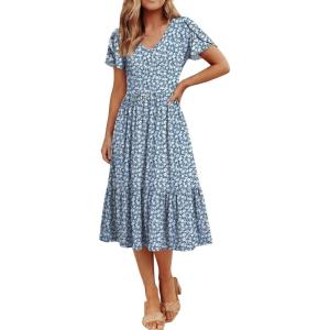 image:imageANRABESS Womens Summer Midi Dresses Casual V Neck Short Sleeve A Line Floral Flowy Tiered Beach Vacation Dress with PocketsBlue White Floral