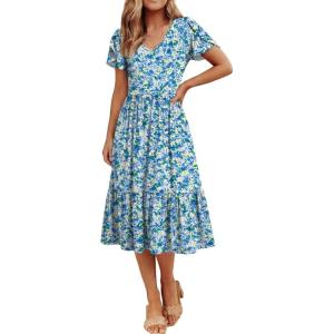 image:imageANRABESS Womens Summer Midi Dresses Casual V Neck Short Sleeve A Line Floral Flowy Tiered Beach Vacation Dress with PocketsBlue Yellow Floral