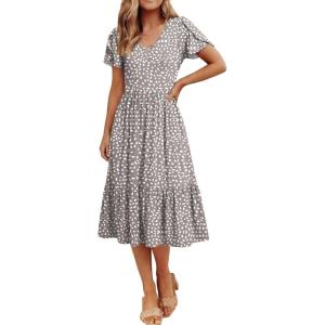 image:imageANRABESS Womens Summer Midi Dresses Casual V Neck Short Sleeve A Line Floral Flowy Tiered Beach Vacation Dress with PocketsKhaki Polka Dot