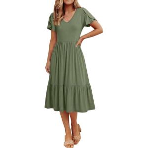 image:imageANRABESS Womens Summer Midi Dresses Casual V Neck Short Sleeve A Line Floral Flowy Tiered Beach Vacation Dress with PocketsOlive