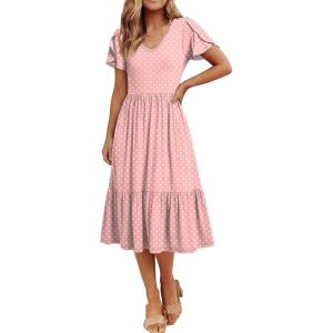 image:imageANRABESS Womens Summer Midi Dresses Casual V Neck Short Sleeve A Line Floral Flowy Tiered Beach Vacation Dress with PocketsPink White Dot