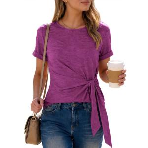 image:imageANRABESS Womens Tops Summer Short Sleeve Crewneck Tie Waist Shirts Dressy Casual Blouse Tee 2026 Business Work Trendy ClothesFuchsia