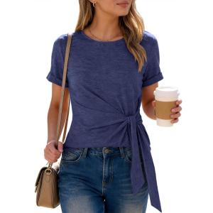 image:imageANRABESS Womens Tops Summer Short Sleeve Crewneck Tie Waist Shirts Dressy Casual Blouse Tee 2026 Business Work Trendy ClothesNavy Blue