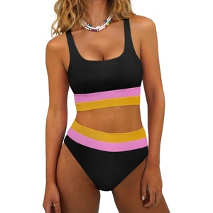 image:imageANRABESS Bikini Sets for Women Summer 2026 High Waisted 2 Piece Bathing Suit Tummy Control Swimsuit Color Block SwimwearBlack Pink Orange
