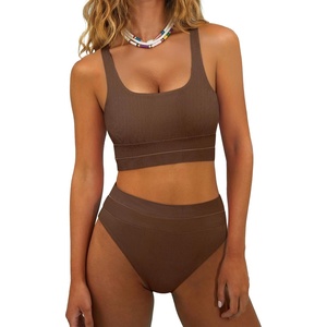 image:imageANRABESS Bikini Sets for Women Summer 2026 High Waisted 2 Piece Bathing Suit Tummy Control Swimsuit Color Block SwimwearBrown