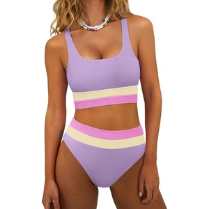 image:imageANRABESS Bikini Sets for Women Summer 2026 High Waisted 2 Piece Bathing Suit Tummy Control Swimsuit Color Block SwimwearLight Purple Cream Pink