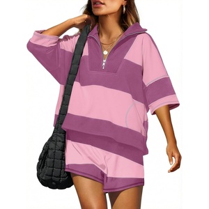image:imageANRABESS Striped Short Sets for Women 2 Piece Outfits Summer Casual Oversized Workout Athletisure Travel Lounge Matching SetsPurple Pink