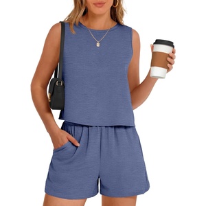 image:imageANRABESS Two Piece Sets for Women Summer Casual Sleeveless Tank Top Matching Shorts Lounge Sets Pajamas 2026 Trendy ClothesDeep Blue