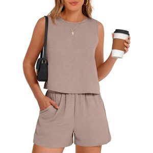 image:imageANRABESS Two Piece Sets for Women Summer Casual Sleeveless Tank Top Matching Shorts Lounge Sets Pajamas 2026 Trendy ClothesLight Camel