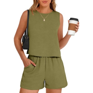 image:imageANRABESS Two Piece Sets for Women Summer Casual Sleeveless Tank Top Matching Shorts Lounge Sets Pajamas 2026 Trendy ClothesOlive Green