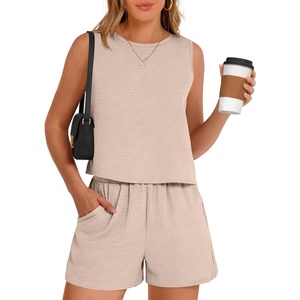 image:imageANRABESS Two Piece Sets for Women Summer Casual Sleeveless Tank Top Matching Shorts Lounge Sets Pajamas 2026 Trendy ClothesParchment