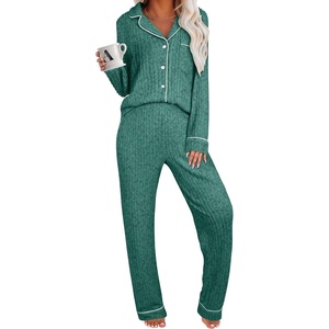 image:imageANRABESS Women Pajama Lounge Sets 2026 Fall 2 Piece Outfits Ribbed Long Sleeve Matching PJ Set Sleepwear LoungewearDeep Green