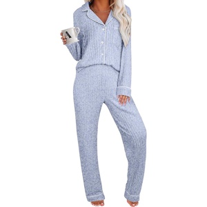 image:imageANRABESS Women Pajama Lounge Sets 2026 Fall 2 Piece Outfits Ribbed Long Sleeve Matching PJ Set Sleepwear LoungewearLight Blue