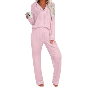 image:imageANRABESS Women Pajama Lounge Sets 2026 Fall 2 Piece Outfits Ribbed Long Sleeve Matching PJ Set Sleepwear LoungewearPink