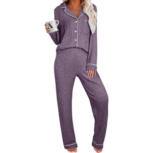 image:imageANRABESS Women Pajama Lounge Sets 2026 Fall 2 Piece Outfits Ribbed Long Sleeve Matching PJ Set Sleepwear LoungewearPurple