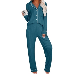 image:imageANRABESS Women Pajama Lounge Sets 2026 Fall 2 Piece Outfits Ribbed Long Sleeve Matching PJ Set Sleepwear LoungewearTeal