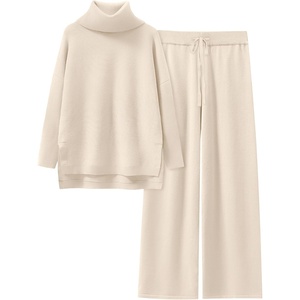 image:imageANRABESS Women Two Piece Outfits Oversized Turtleneck Knit Pullover Sweater Top Wide Leg Pants Lounge Set Sweatsuit 2026 FallBeige