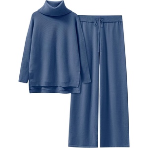 image:imageANRABESS Women Two Piece Outfits Oversized Turtleneck Knit Pullover Sweater Top Wide Leg Pants Lounge Set Sweatsuit 2026 FallBlue