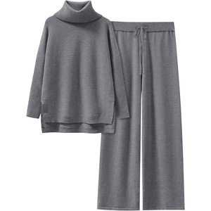 image:imageANRABESS Women Two Piece Outfits Oversized Turtleneck Knit Pullover Sweater Top Wide Leg Pants Lounge Set Sweatsuit 2026 FallDark Grey