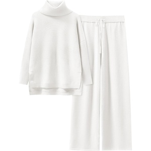 image:imageANRABESS Women Two Piece Outfits Oversized Turtleneck Knit Pullover Sweater Top Wide Leg Pants Lounge Set Sweatsuit 2026 FallWhite