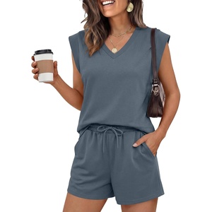 image:imageANRABESS Womens 2 Piece Short Sets 2026 Summer Casual Cap Sleeve Shirts Matching Lounge Outfits Travel Beach Vacation ClothesDeep Grey