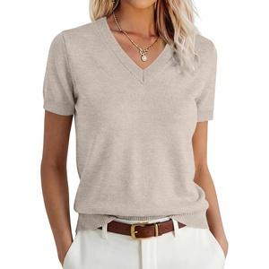 image:imageANRABESS Womens 100 Wool SweaterOffice Work V Neck Short Sleeve Sweaters Soft amp Lightweight Business Casual TopsApricot